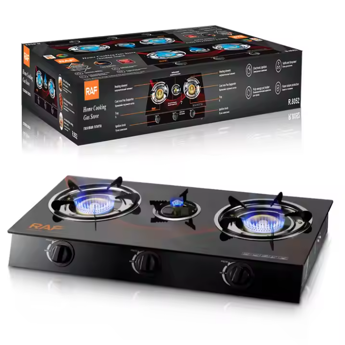 ចង្ក្រានហ្គាសមុខបី RAF Gas Stove Double Burners Even Firepower R.8052