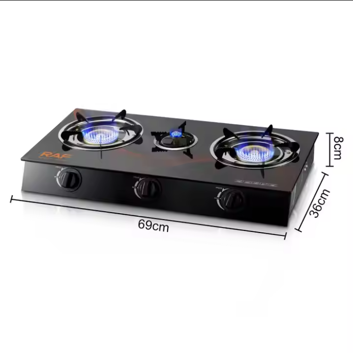 ចង្ក្រានហ្គាសមុខបី RAF Gas Stove Double Burners Even Firepower R.8052