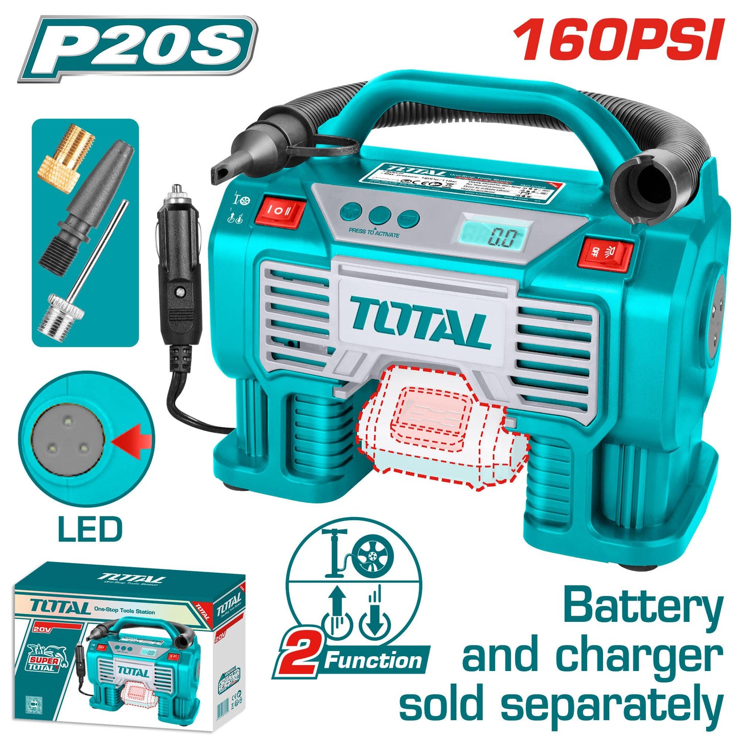 ម៉ូទ័រសប់ខ្យល់ Total Cordless Auto Air Compressor 20V TACLI2002