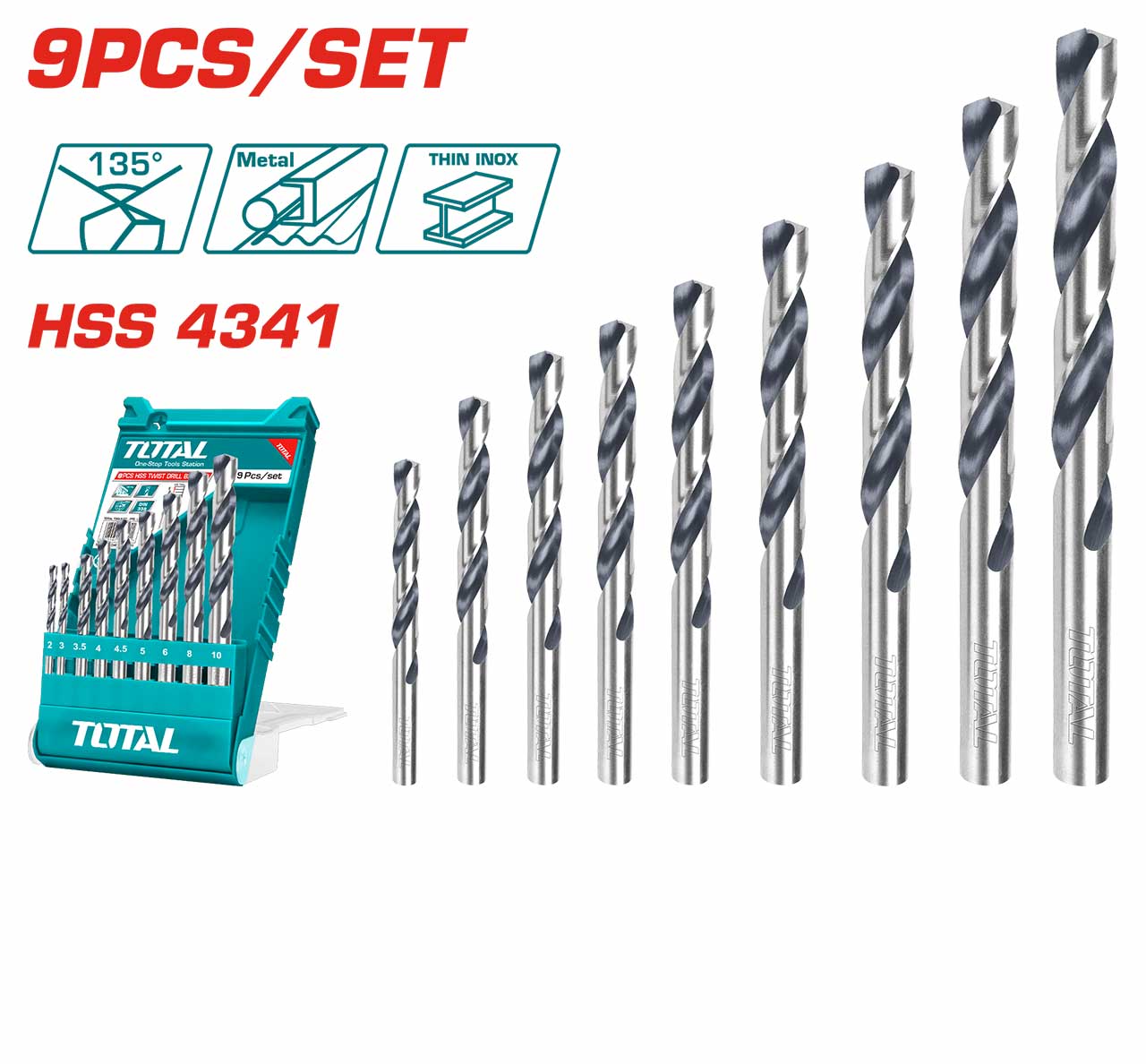 ផ្លែស្វាន Total HSS Twist Drill Bits Set 9pcs (2mm-10mm) TACSD0095