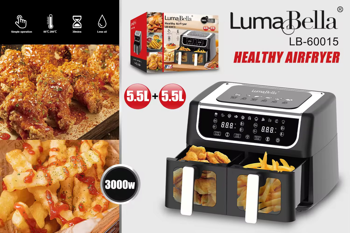 ម៉ាស៊ីនបំពងស្ងួត2ថត Luma bella Air Fryer double slot 5.5L+5.5L LB-60015