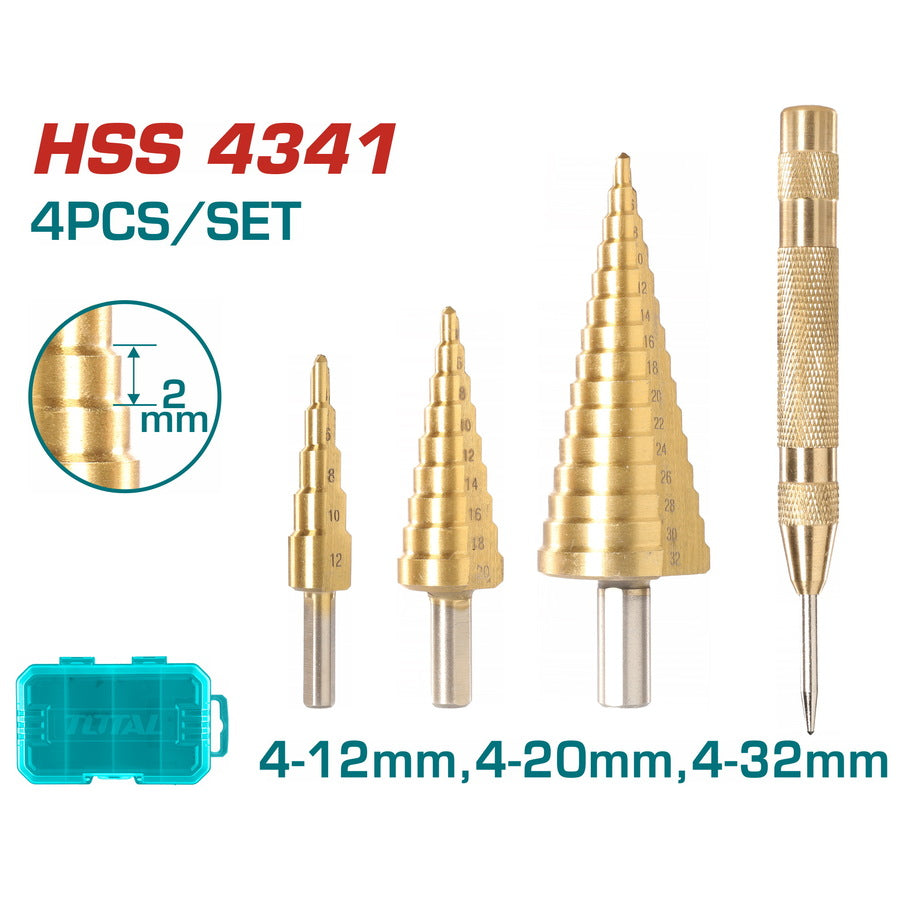 ផ្លែស្វានដែកពង្រីក Total Step Drill Bits Set 4pcs TACSD2041