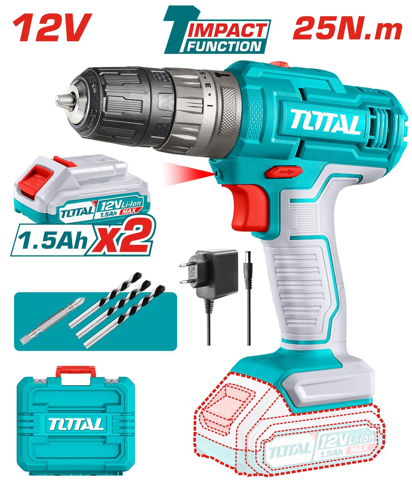 ម៉ូទ័រស្វានប្រើថ្ម(ថ្ម2) Total Cordless Impact Drill (12V) TIDLI1228