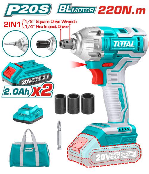 ម៉ូទ័រមួលវីសដោះខ្ចៅ(ថ្ម2) Total Cordless Impact Driver&Wrench (20V) TIWLI20208