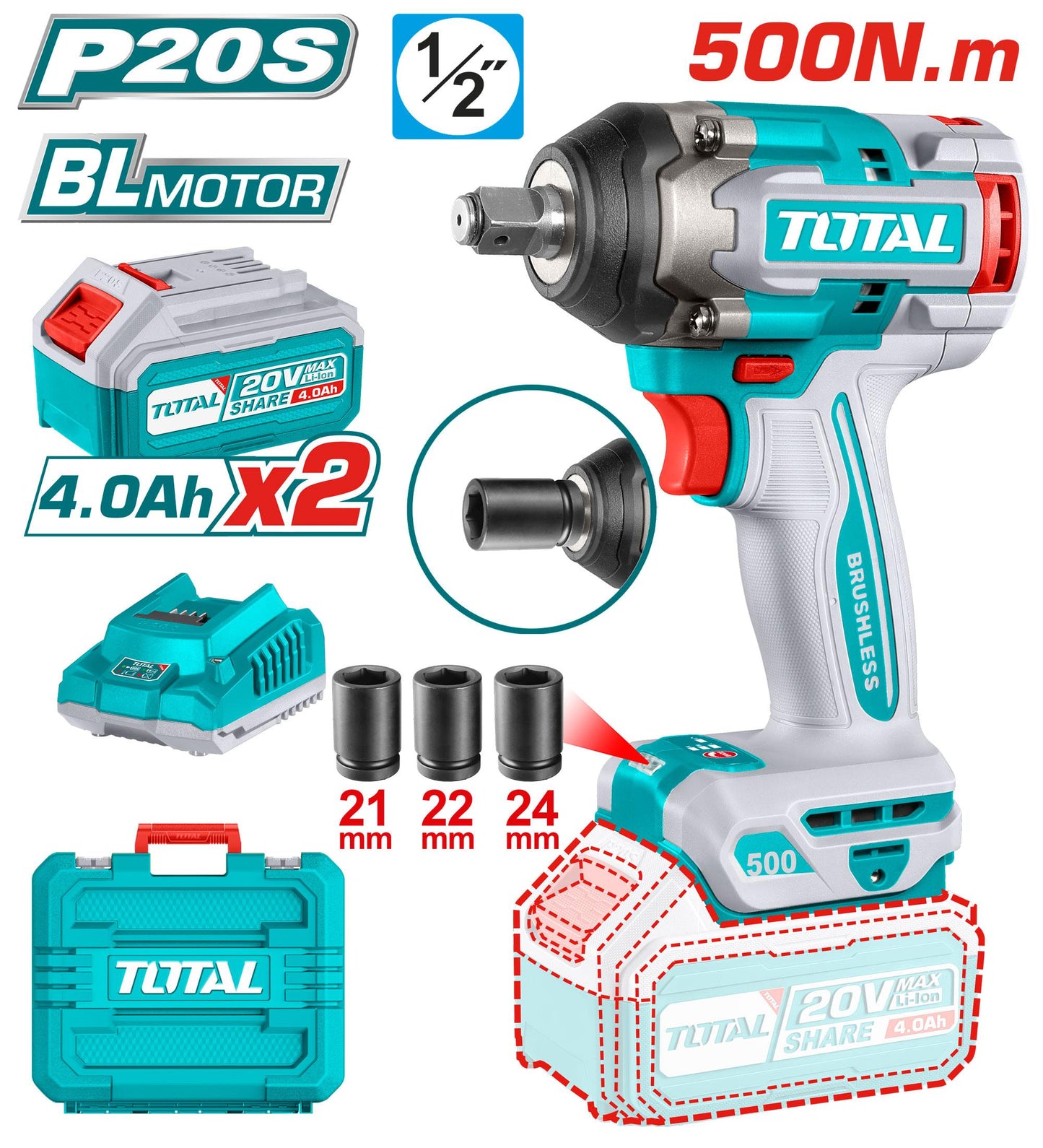 ម៉ូទ័រដោះខ្មៅ(ថ្ម2) Total Cordless Impact Wrench (20V) TIWLI2050