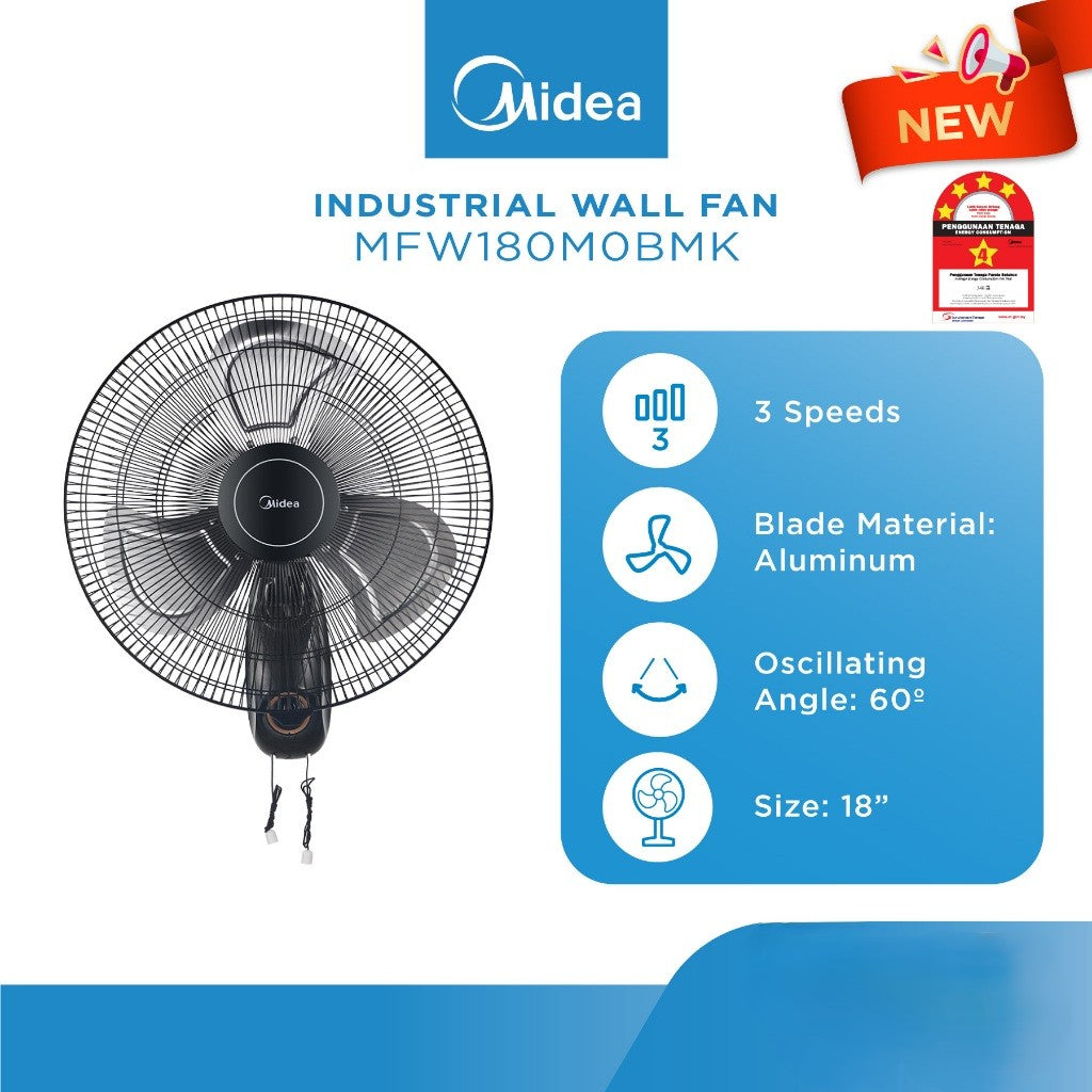 កង្ហាជាប់ជញ្ជាំង Midea Industrial Wall Fan 18Inch With 3 Speed Level MFW180M0BMK
