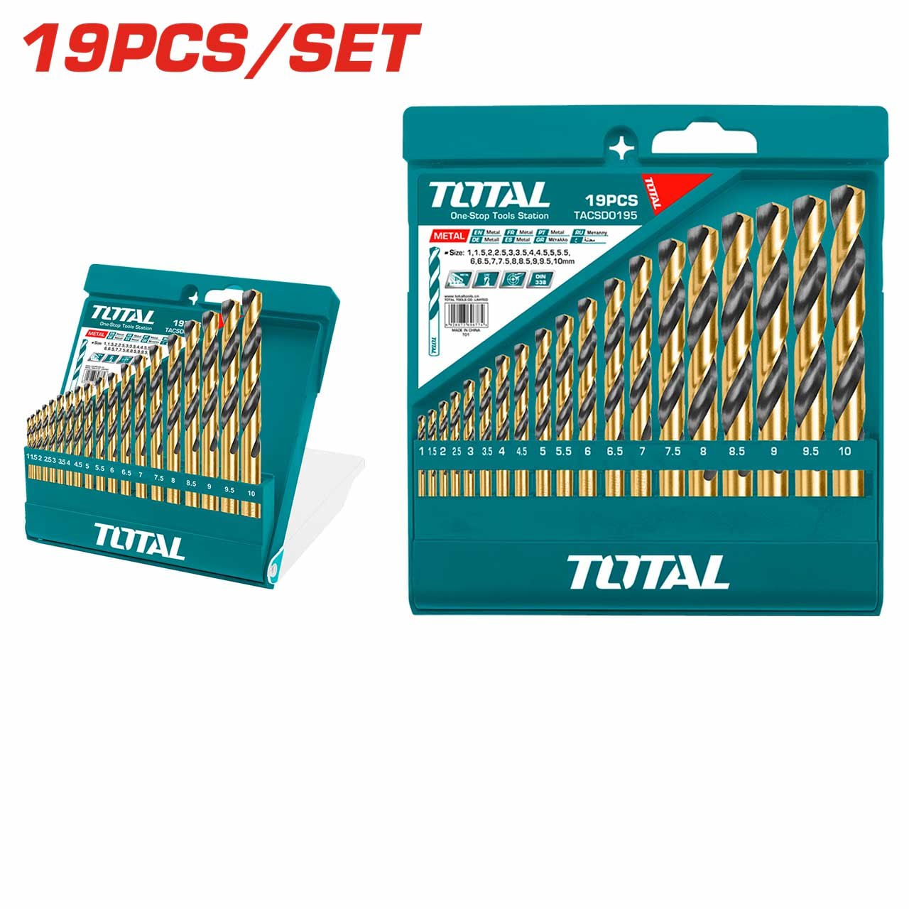 ផ្លែស្វានដែកឈុត19ផ្លែ(6mm-38mm) Total HSS Twist Drill Bits Set 19pcs(6mm-38mm) TACSD0195