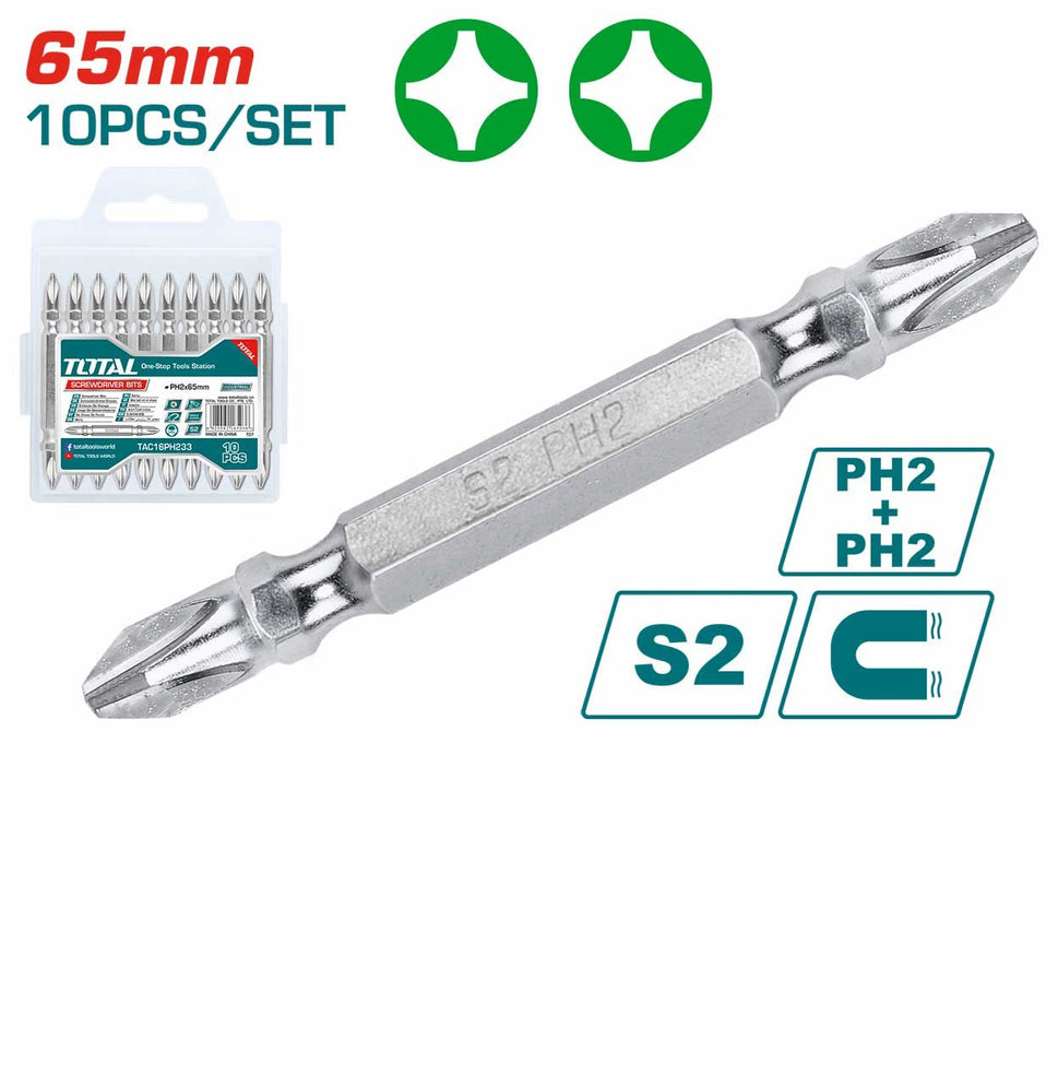 ផ្លែទួរណឺវីស 10ដើម មុខខ្វែង2 Total Screwdriver Bits Set 10pcs(65mm) TAC16PH233